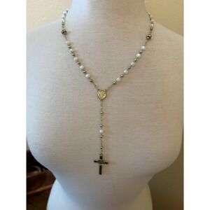 Gold Tone Saint Benedict Rosary Necklace White Beaded Cross Pendant‎ 24 Inch
